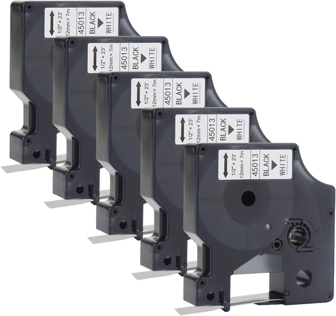 EXCERCUS Compatible Label Tape Replacement for Dymo D1 Label Tape 45013 S0720530 1/2 Inch x 23 Feet Black on White 45013s Refills for DYMO LabelManager 160 280 220P 360D 450 210D, 12mm x 7m, 5-Pack