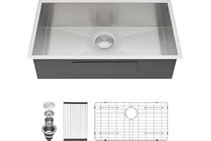 Kichae 32 Inch Undermoun Kitchen Sink Single Bowl Stainless Steel Undermount 16 Gauge Round Corner Handmade Modern Rectangular Under Counter Kitchen Sinks