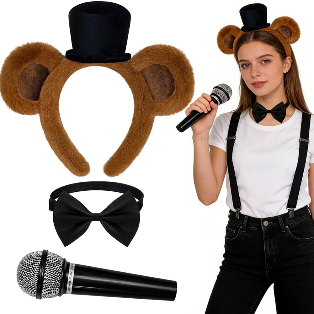 CLKDPNO Bear Costume Accessories, Brown Bear Animal Ears Headband Fluffy Realistic with Black Bow Tie Microphone Prop for Women Men for Christmas Carnaval Birthday Cosplay Dress Up