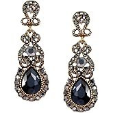 Antique Gold Vintage Retro Deco Victorian Style Jet Black Grey Marcasite Rhinestone Statement Earrings