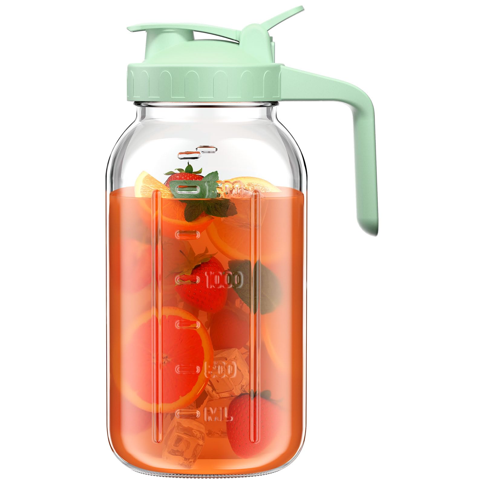 Photo 1 of 64 oz Glass Pitcher with Lid, Large Wide Mouth Mason Jar with Pour Spout, Green Sun Tea Glass Jar for Outside, Drink Pitcher Great for Drink, Cold Beverages and Breast Milk