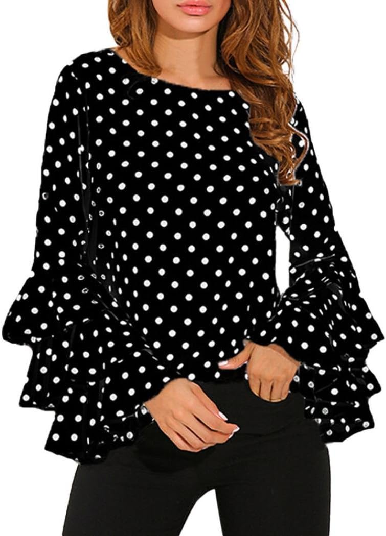 LIKELYY Fashion Women's Bell Sleeve Loose Polka Dot Shirt Ladies Casual Blouse Tops