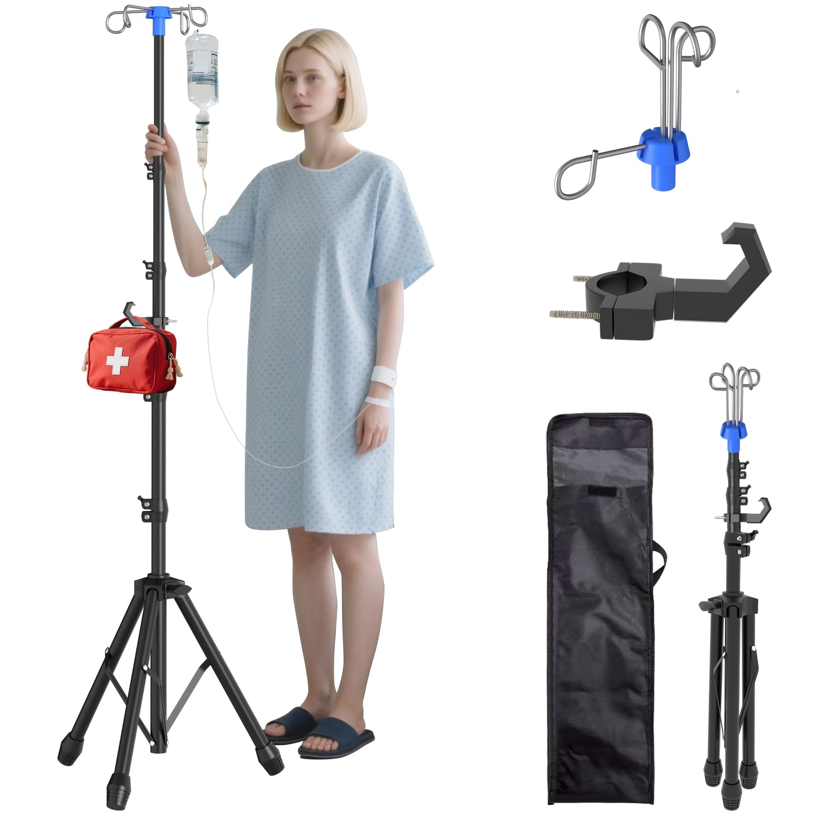 Photo 1 of Foldable IV Pole Stand, Portable Telescoping Floor Stand with 4 Hooks, Height Adjustable, Travel Infusion Pole for Home Care, Hospitals, Nursing Homes and When Traveling