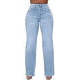 HugeNice Women's Wide Leg Jeans Casual Mid Rise Stretchy Straight Leg Denim Pants