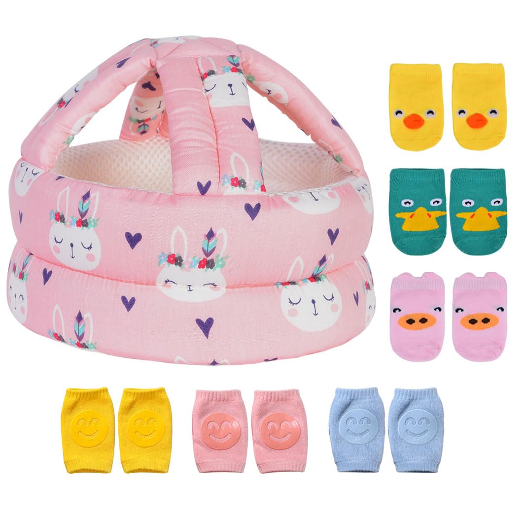 Umtiti Pink Rabbit Baby Helmet with Knee Pads & Socks, Adjustable (17-20 inches), Full Brim, Cotton, Hook and Loop Closure