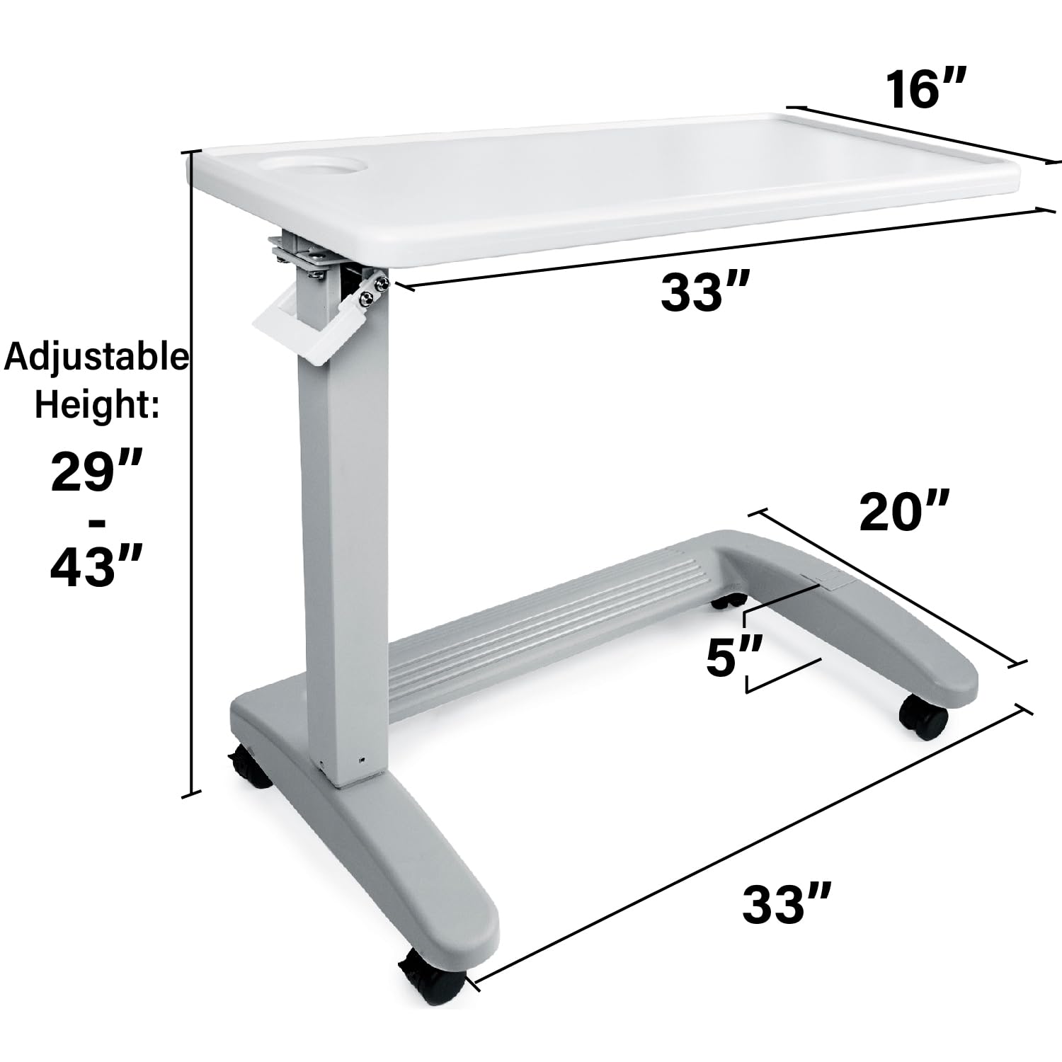 Vaunn Medical Adjustable Overbed Exam Bedside Table with Wheels (Hospital and Home Use), New Tabletop, Light Gray