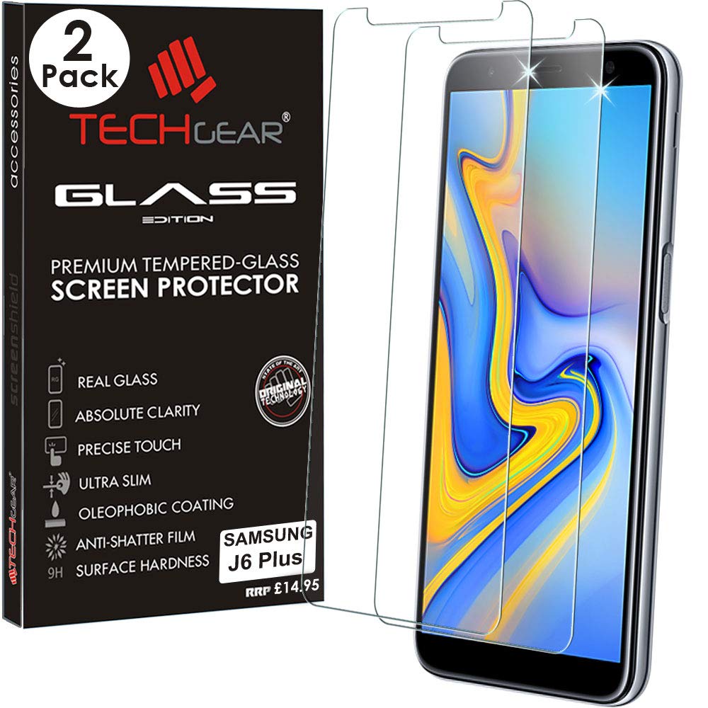 TECHGEAR [2 Pack] GLASS Edition for Samsung Galaxy J6 Plus, J6+ 2018 Genuine Tempered Glass Screen Protector Guard Cover Compatible with Samsung Galaxy J6+