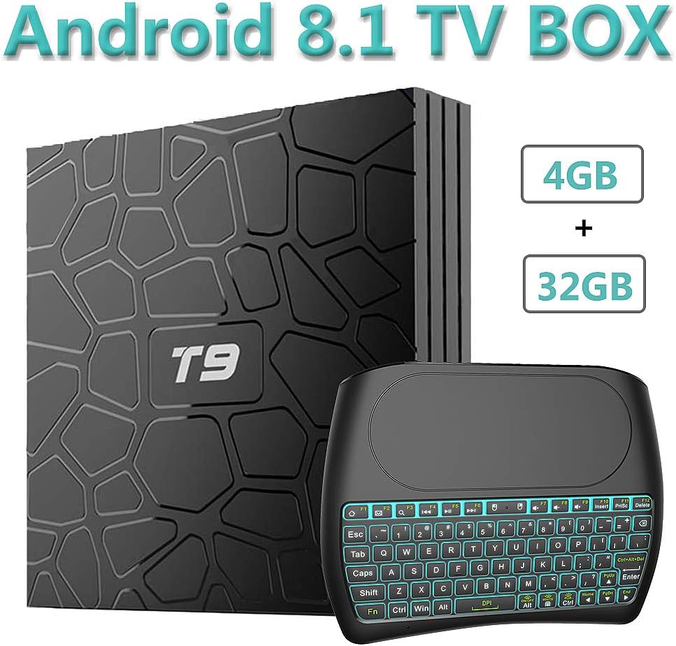 EVANPO Android 8.1 TV Box, 4GB RAM 32GB ROM Quad Core 64 Bits Processor 3D/4K/H.265 Dual WiFi Smart TV Box Media Player with Wireless Mini Keyboard (Backlit)