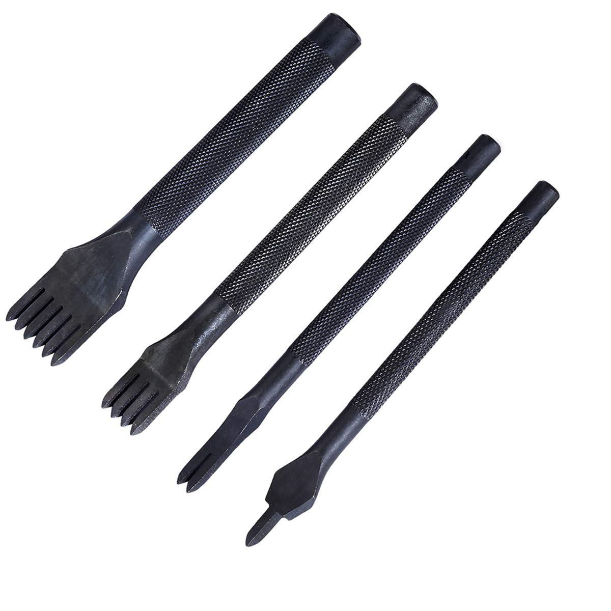 Techson Leather Craft Hole Punches, Set of 4 DIY Leather Punch Pricking Iron Hole 4mm, 1/2/4/6 Prong Tooth Lacing Diamond Stitching Chisel Set (Black)
