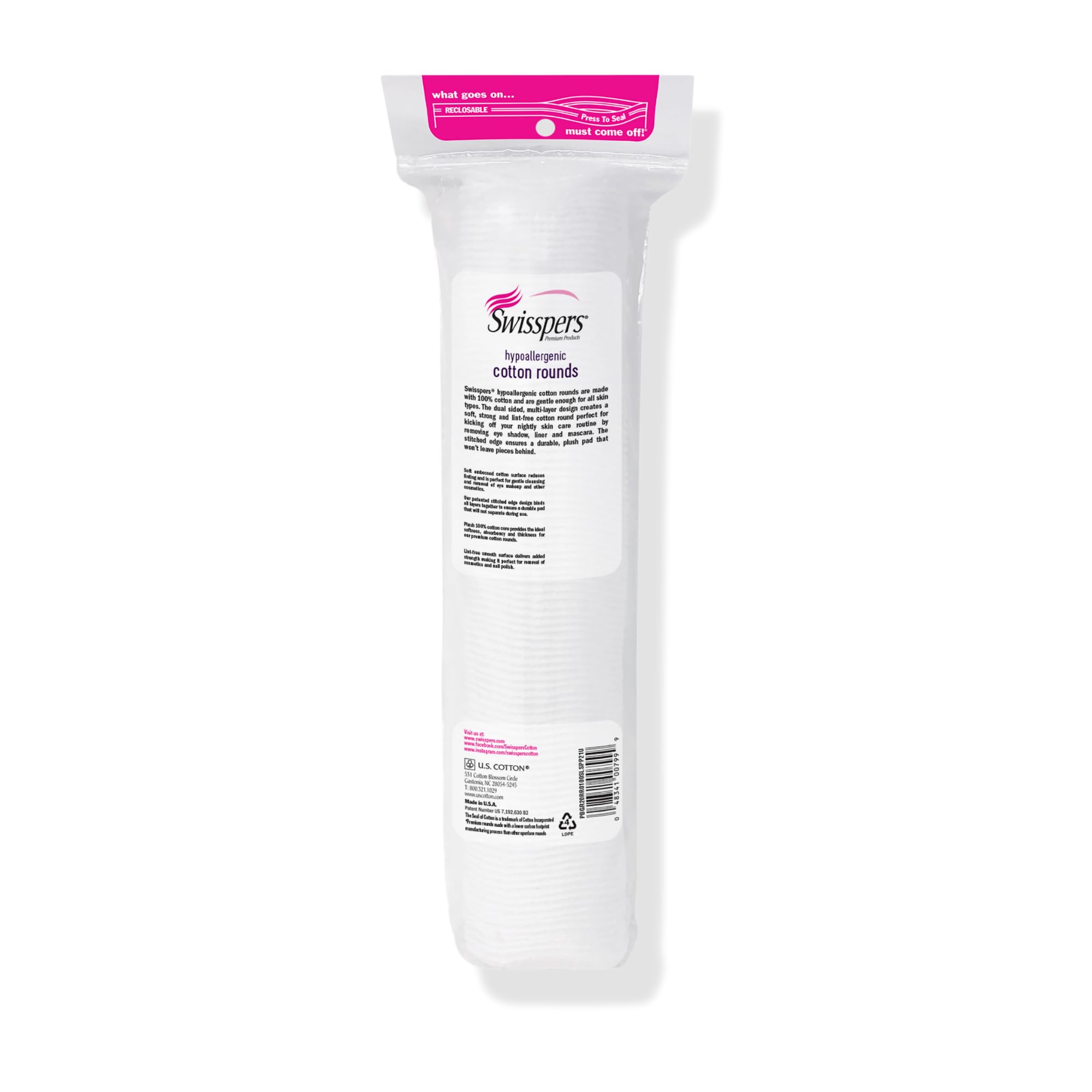 Swisspers Premium Cotton Rounds - 100% Chlorine Free Cotton Face Pads for Makeup, Nail Polish Removal - Dermatologist Tested and Hypoallergenic, Made in USA - 100 Pads (Pack of 3)