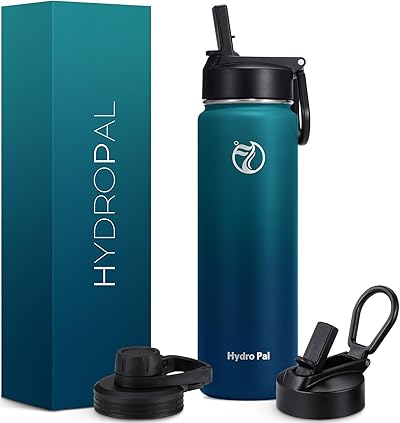 HydroPal Edelstahl Trinkflasche - 500/750ml/ 1L/1.2L/1.9L, BPA-Frei, Kohlensäure geeignet, Isolierte flasche mit Strohhalm & 2 Deckel