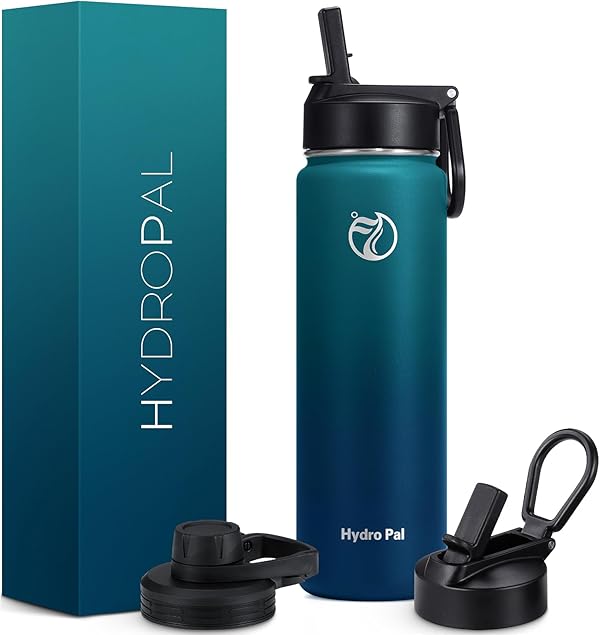 HydroPal Edelstahl Trinkflasche - 500/750ml/ 1L/1.2L/1.9L, BPA-Frei, Kohlensäure geeignet, Isolierte flasche mit Strohhalm & 2 Deckel