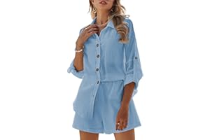 Fixmatti Women 2 Piece Outfit Linen Set Long Sleeve Top and Shorts Sweatsuit Set