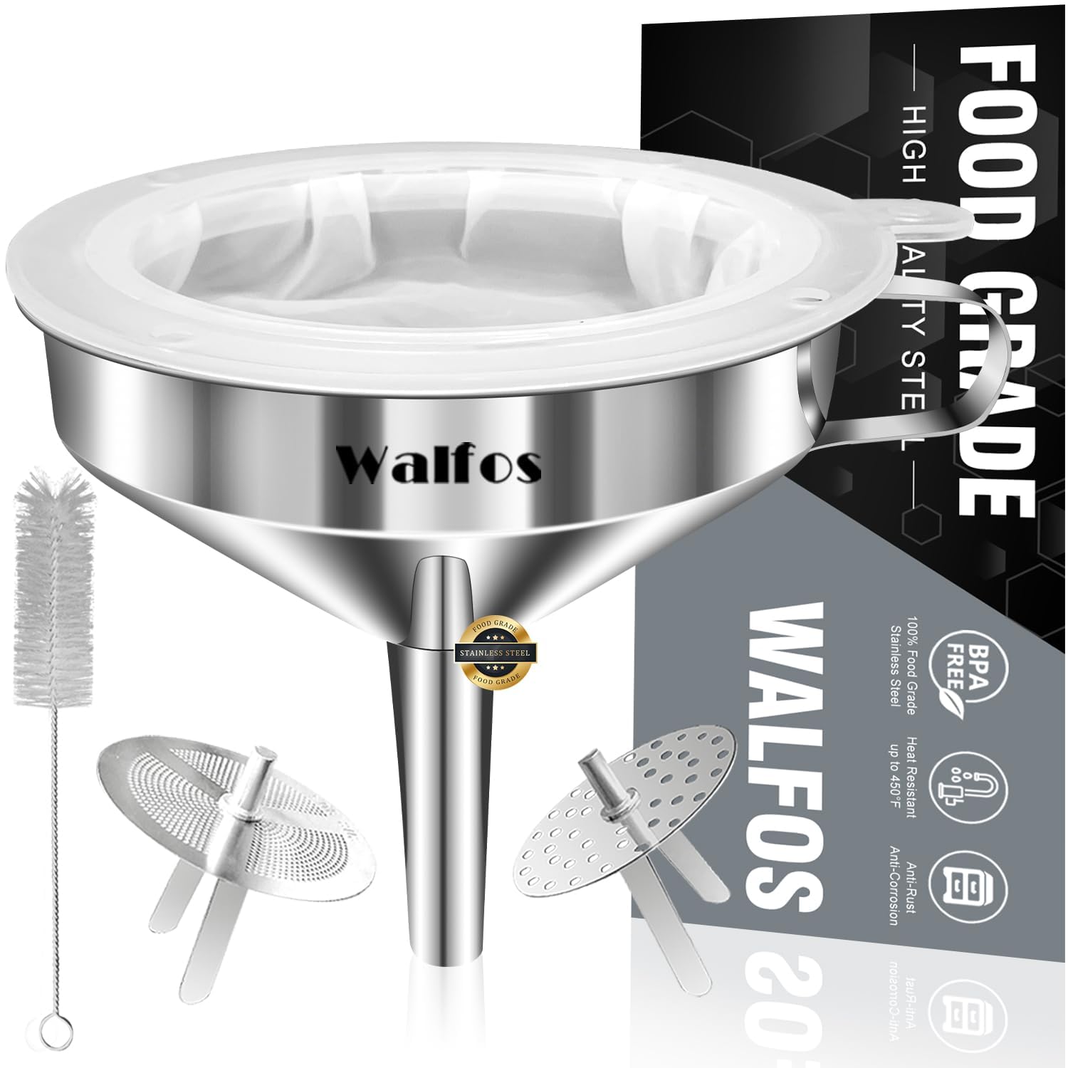 Walfos Stainless Steel Funnel, 13cm Kitchen Funnel With 2 Removable Filters, A Brush And 200 Mesh Filter Screen, Perfect For Decanting Liquid, Jam, Dry Ingredients & Powder.