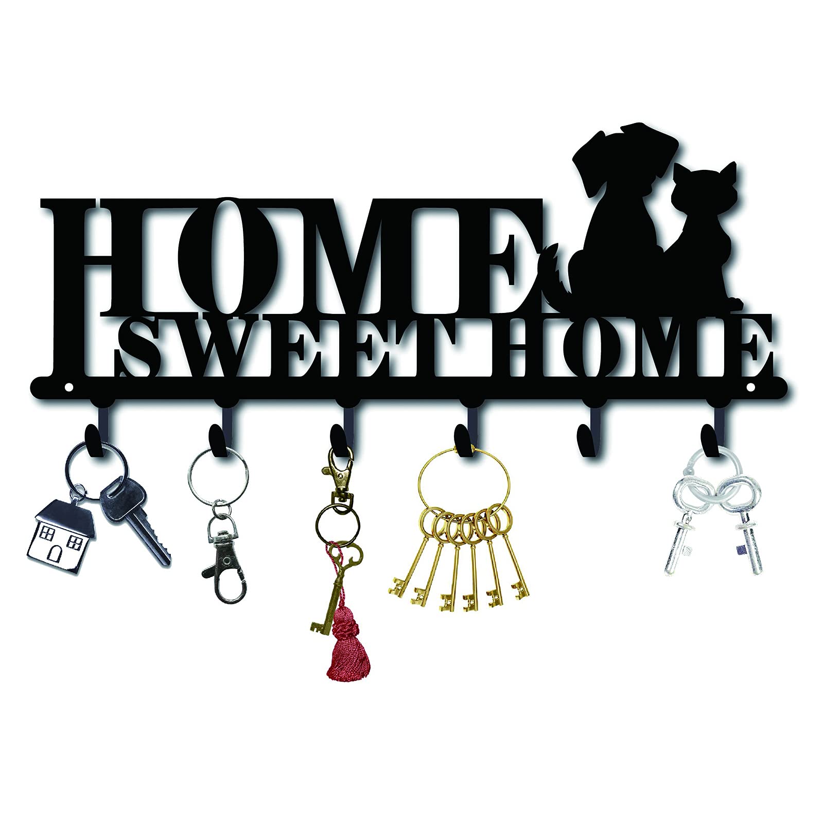 CREATCABIN Hook Hanger Wall Key Holder Metal Decorative Mounted Coat Hanger with Word Sweet Home and Dogs Feature Design Organizer Rack with 6 Hooks for Wall, Bathroom, Kitchen, Entryway