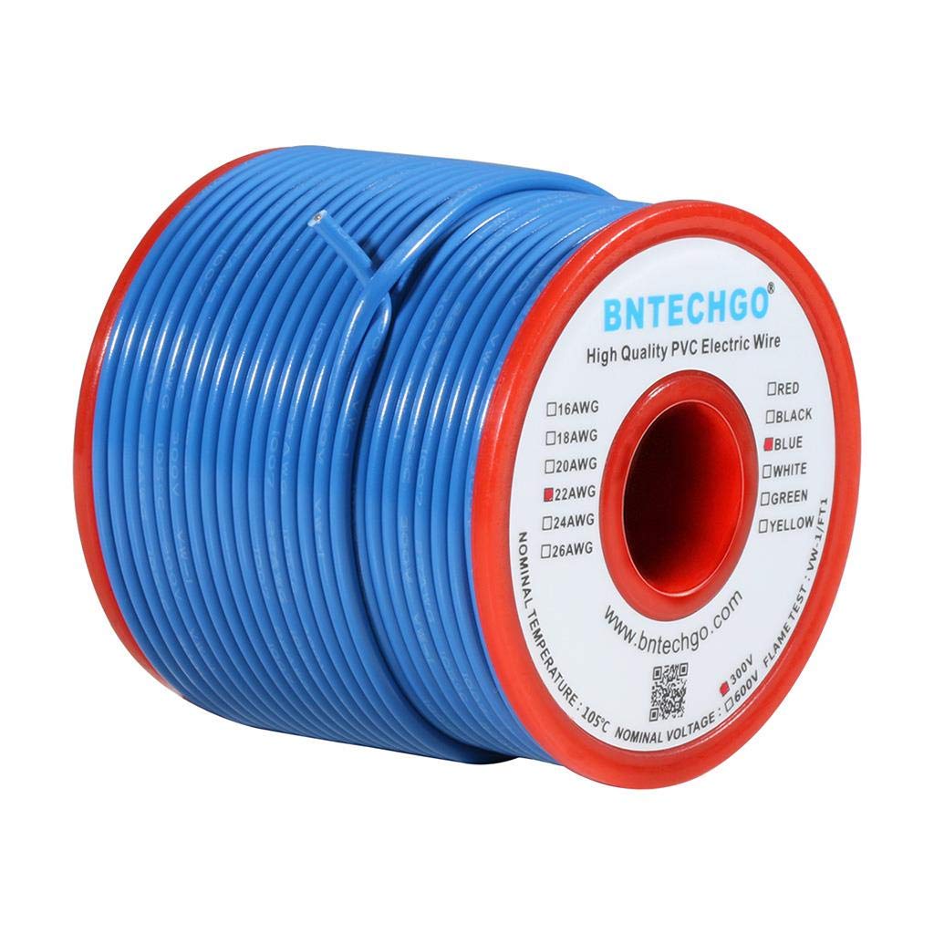 BNTECHGO 22 AWG 1007 Electric wire 22 Gauge PVC 1007 Wire Solid Wire Hook Up Wire 300V Solid Tinned Copper Wire Blue 100 ft Per Reel For DIY