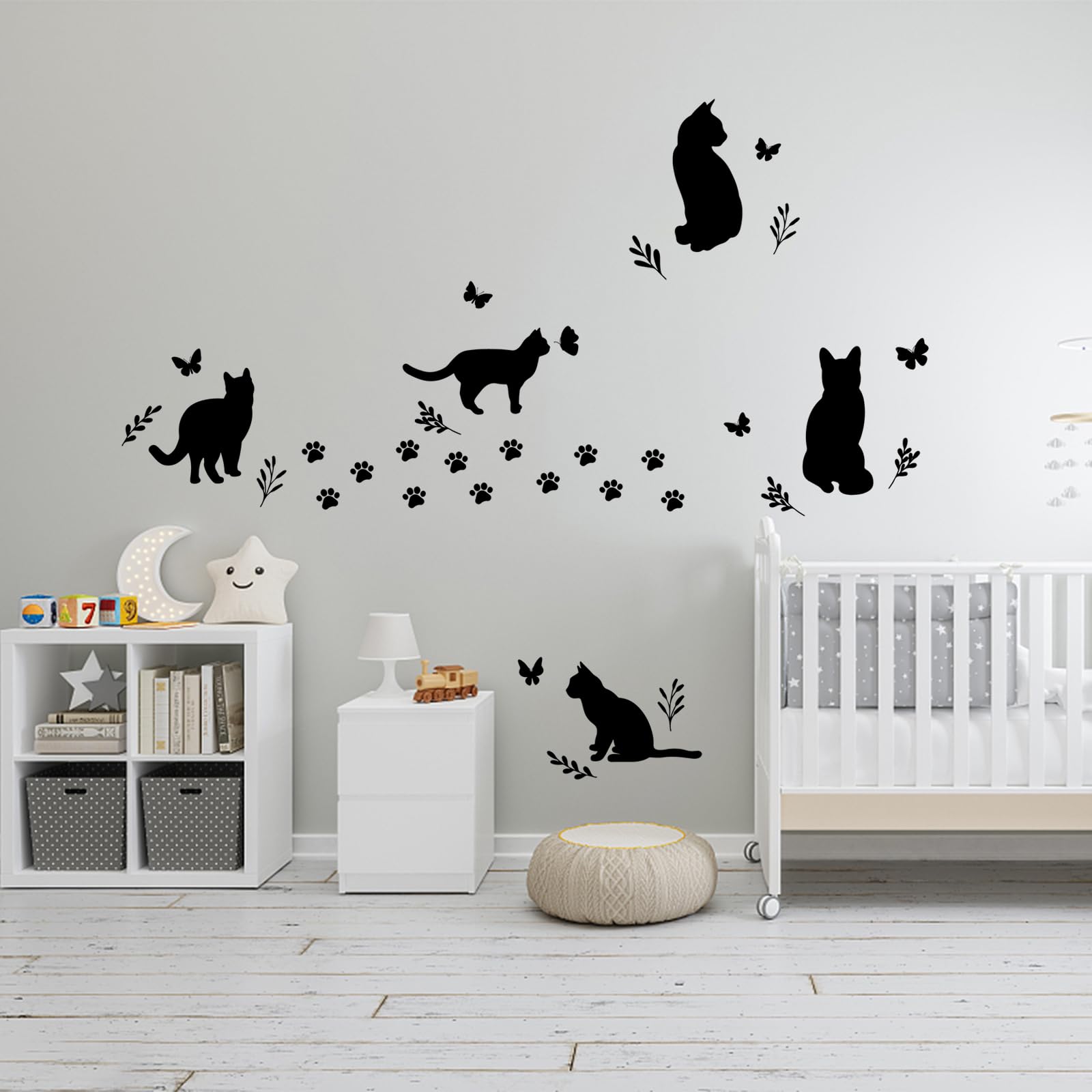 SUPERDANT Black Cat and Butterfly Wall Stickers - Cat Paw Decals for Nursery, Kid's Bedroom, Classroom - Wall Decor for Cat Lovers — image 1
