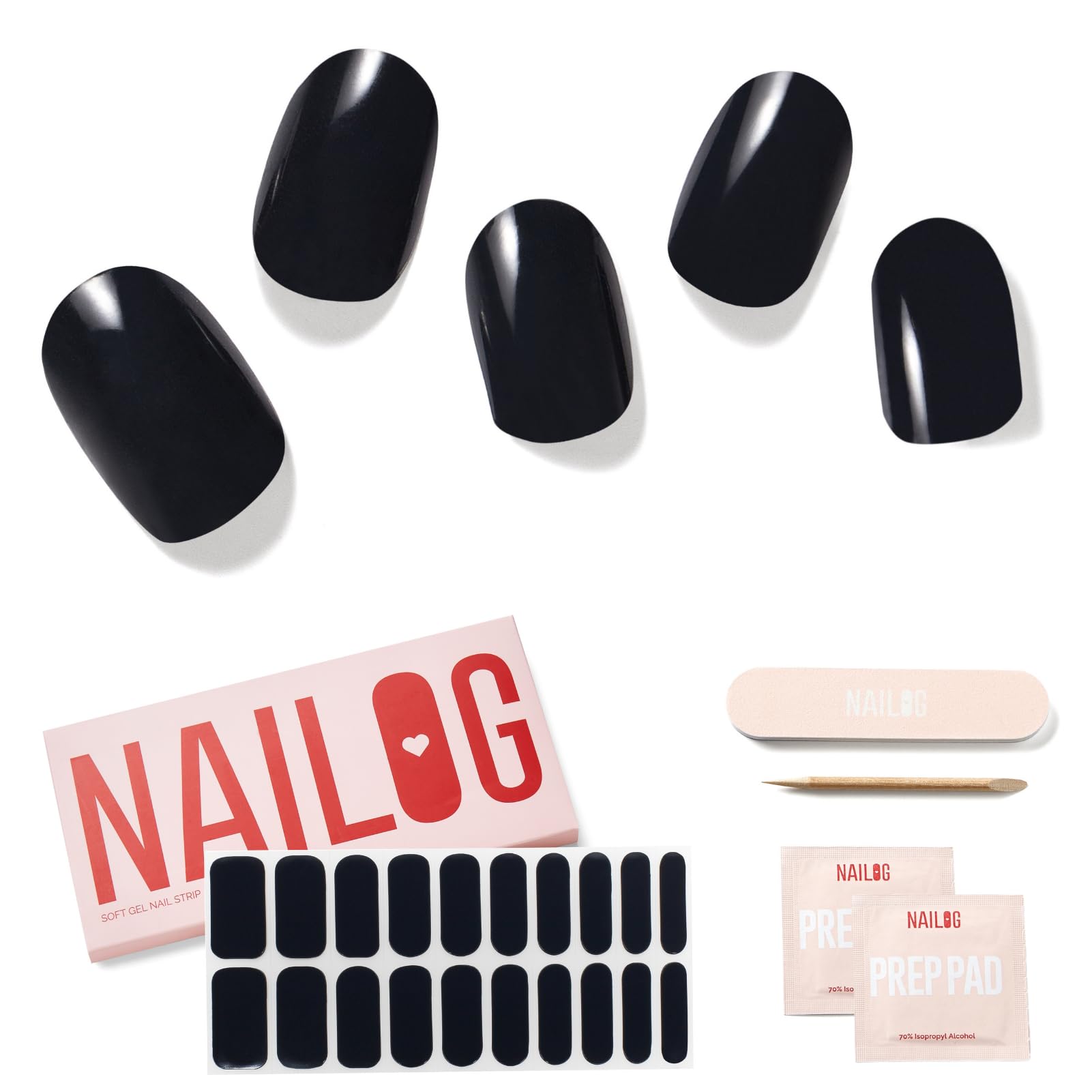 NAILOG Semi Cured Gel Nail Strips, 20 Pieces Extra Long Nail Polish Strips, Long Lasting Semi Cured Gel Nail Stickers with Soft Glossy Finish,Noir