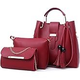 FiveloveTwo Women's Purse and Handbags 3 Pcs Bag Set PU Leather Tassel Totes Clutch Satchels Top Handle Shoulder Crossbody Bags Pack Burgundy