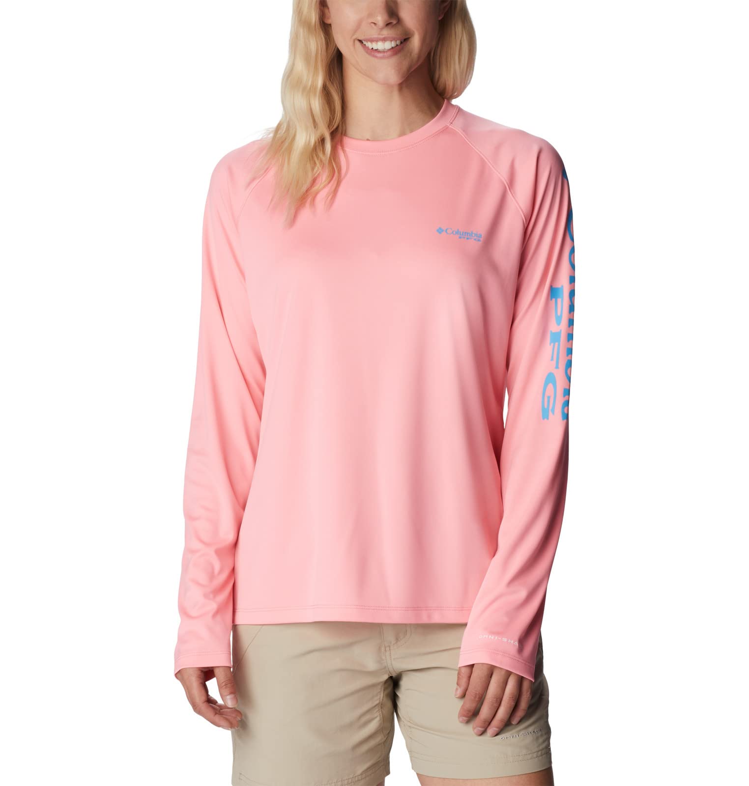 Columbia Women's Tidal Tee II Long Sleeve, Pink Pop/Riptide Logo, XX-Large Image