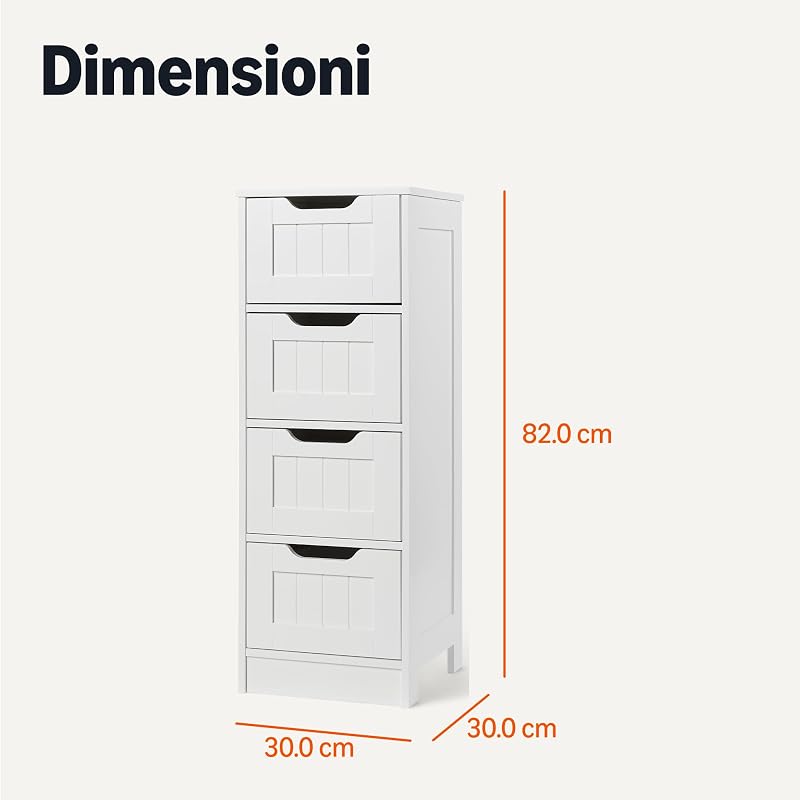 Mobile da Bagno con 4 Cassetti, Mobile Sottolavabo, Struttura in MDF, Bianco, 30cm x 30cm x 82cm — foto 2 di 5