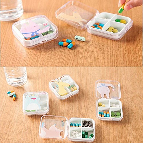 Ligntean Hot Sale Transparent Animal Pattern Portable Cartoon Travel 4 Compartment Medicine Drug Box Pill Storage Case Jewelry Container