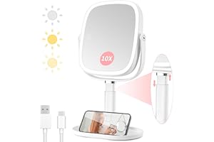 VANMIRR Lighted Makeup Mirror, 2600mAh Rechargeable 1x/10x Magnifying Vanity Mirror, 8.5" Height Adjustable Makeup Mirror with Lights 3 Color, 360° Rotation 2-Sided Light up Large Desk Mirror, Gifts for Women