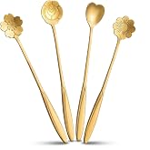 QNCIGER 7-Inch 4 Pcs Flower Spoon Coffee Teaspoon Set, Drink Stirring Spoon for Dessert, Coffee, Ice Cream, Tea (Gold)