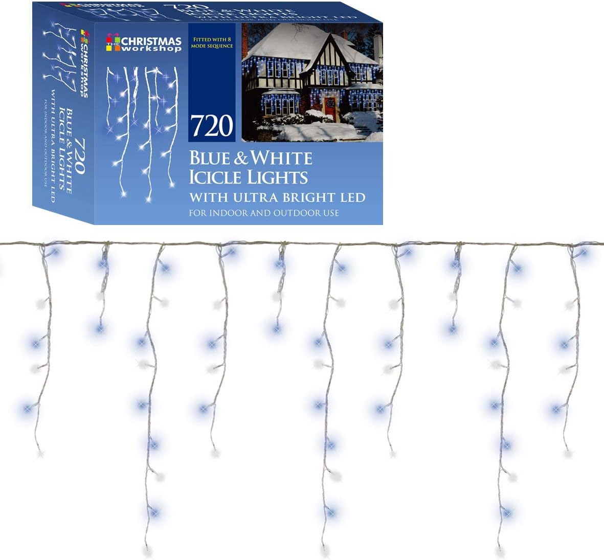 Christmas Workshop 77550 720 Icicle LED Outdoor Christmas Lights / 17.1 Metres / Blue & White Colour / Indoor & Outdoor Fairy Lights / Weddings &
