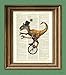 Dapper velociraptor on a unicycle with top hat and monocle dinosaur beautifully upcycled dictionary page book art print