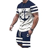 WDIRARA Men's 2 Piece Outfits Anchor Print Striped Tracksuits Short Sleeve T Shirt and Drawstring Shorts Sets