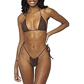 MIYOUJ Women Halter String Bikini Set Sexy Thong Cheeky Two Piece Swimsuits Solid Color Bathing Swimwear