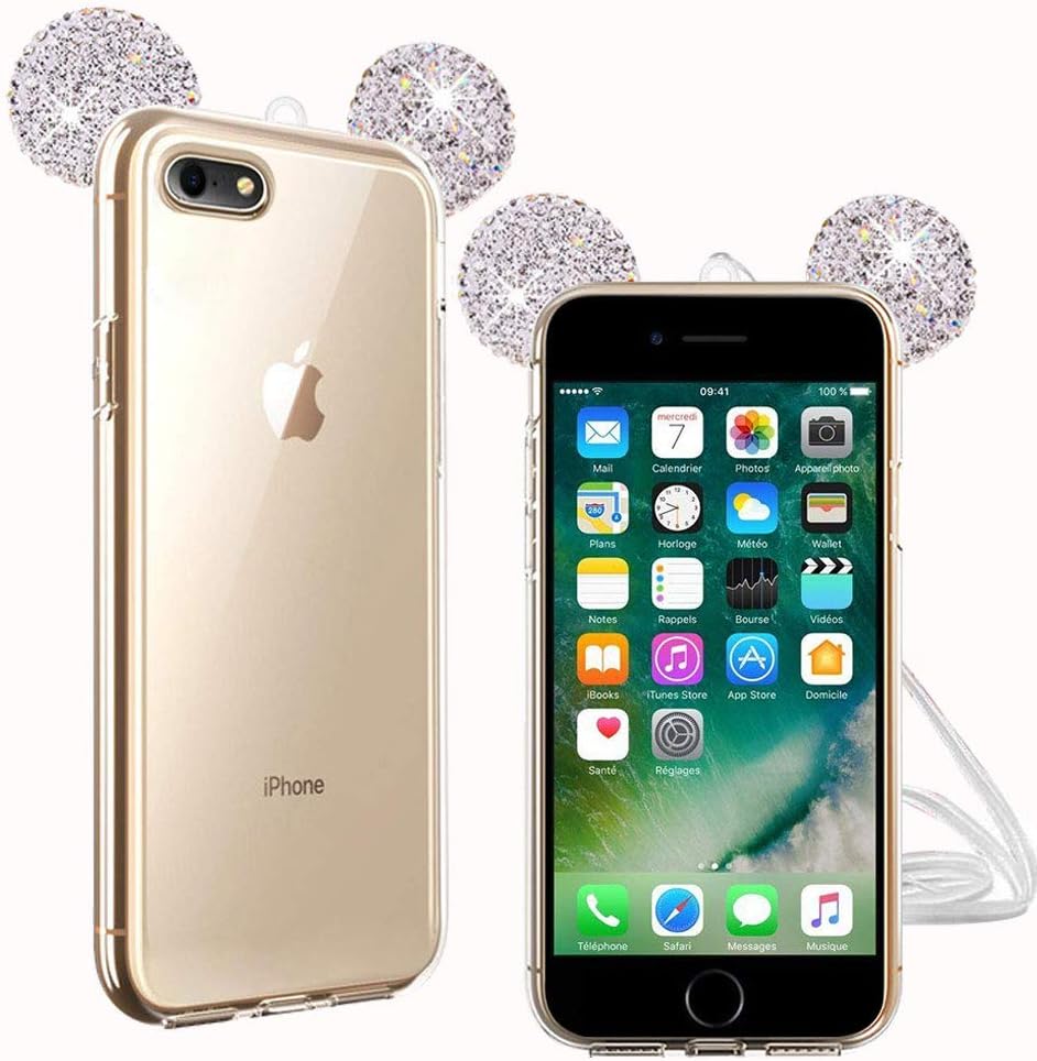 Case for iPhone 6/ 6S, 3D Sparkle Shiny Rhinestone Diamante Cute Mickey Minnie Mouse Ears Design, Ultra thin TPU Soft Shell with Lanyard Skin Care Shockproof Anti-Scratch - Silver