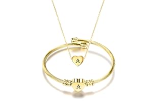 MYNENEY NIBASTAR Heart Name Necklace and Bracelet for Women Stainless Steel A-Z letters Initial Statement Jewelry Set for Mother's Day