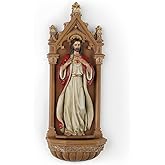 BC Catholic Sacred Heart of Jesus Statue, 9" H Holy Water Font Wall Plaque, Inspirational Home Décor, Religious Gift, Renaissance Sculpture Handmade by Buildclassic