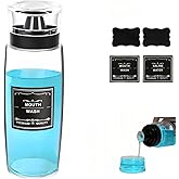 Suaetiai 1 Pack Glass Mouthwash Dispenser, Leakproof Mouth Wash Container Bottle with Cup Lid, 9.5 OZ Refillable Clear Mouthwash Dispensers Decanter for Bathroom Farmhouse Decor/6 Pcs Label