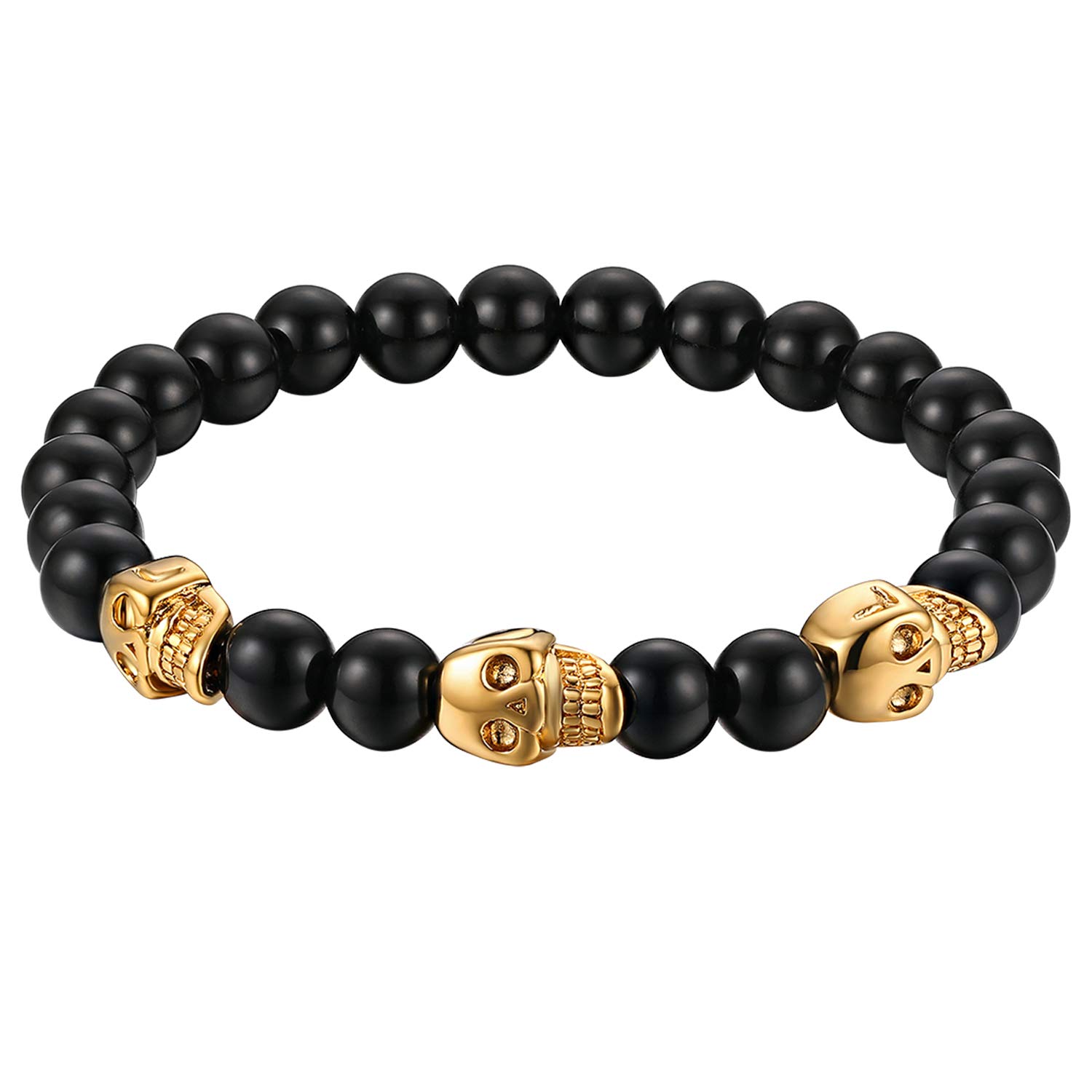 Cupimatch Stainless Steel Skull Bracelet Mens Skull Bracelet 8mm Buddha Black Beads Stretch Gothic Jewelry for Father's Day (Gold)