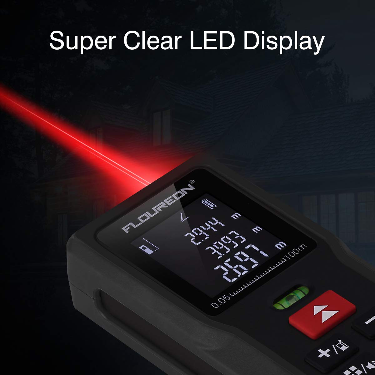 FLOUREON Laser Distance Meter 100m/328ft with 2 Bubble Level High-Precision Laser Measure Device for Measuring Length, Area, Volume Pythagorean with Backlight LCD Display (Battery Included)