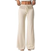 EVALESS Womens Wide Leg Pants Lace Elastic High Waisted Palazzo Pants Bell Bottoms Flowy Boho Holiday Trousers