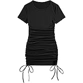 Milumia Women's Casual Rib Knit Short Sleeve Drawstring Ruched Bodycon Mini T Shirt Dress