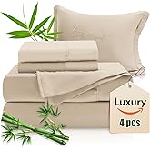 Luxury Sheets 100% Viscose Derived from Bamboo, 4pcs Cooling Sheet Set for Hot Sleeper, King Size Bedding, 16" Deep Pocket, Beige