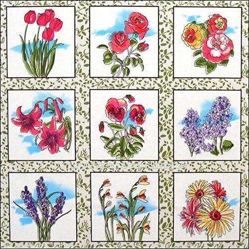 Fabri-Quilt Victorian "Flower Squares" Multi Colored on White Fabric