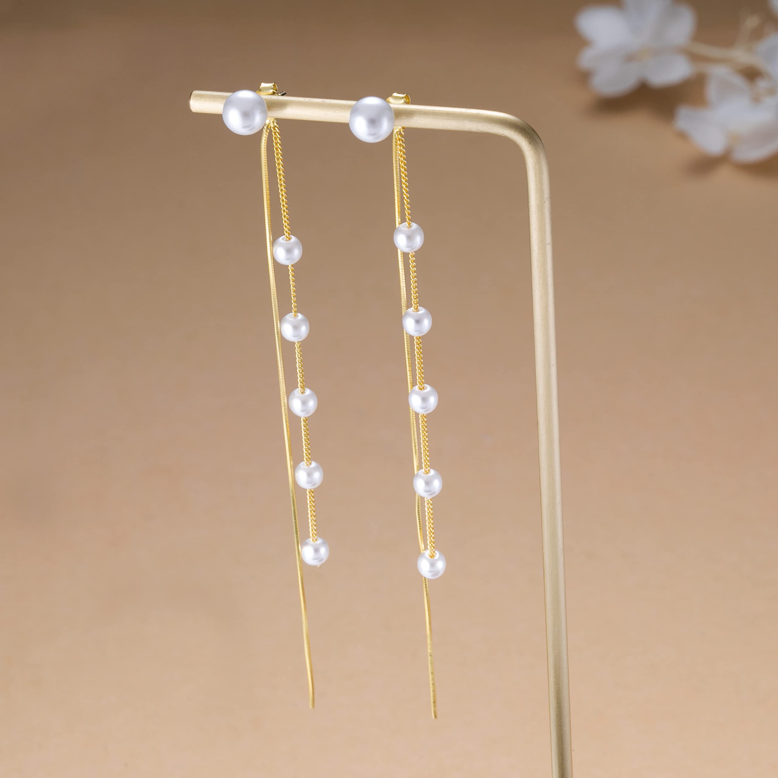 SLUYNZ Solid 925 Sterling Silver Simulated Shell Pearl Dangle Earrings for Women Teens - Elegant Long Chain Tassel Wedding Earrings