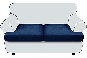 Imnopqr T Cushion Loveseat Sofa Cover Leather-Look 2PC Stretch Sofa Seat Cushion Slipcover Individual Couch Seat Covers with Elastic Bands, Pet-Friendly, Non-Slip, Easy Fit - Navy