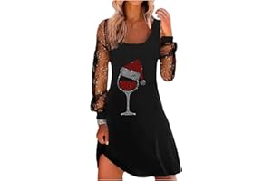 Women Rhinestone Midi Dresses Merry Christmas Mesh Long Sleeve Dress Crewneck Red Wine Glass Graphic Xmas Party Dress