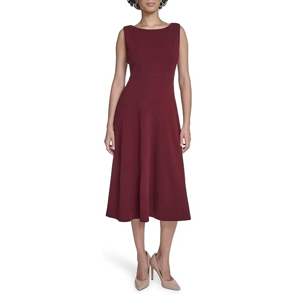 Calvin Klein Women's Sleeveless A Line Midi Dress with V Neckline, red, 8  at Amazon Women's Clothing store