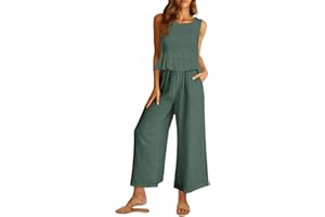 AUTOMET Womens Summer 2 Piece Outfits Linen Crop Tank Tops Lounge Matching Sets & Long Track Pants Tracksuits 2025