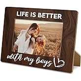 Yxadu Mom Son 4x6 Picture Frame, Boy Mom Gifts, Funny & Birthday Gifts, Funny Mother Gift, Life is Better with My Boys Wooden Frame for Farmhouse Desk Decor-Rustic Nature Wood Texture