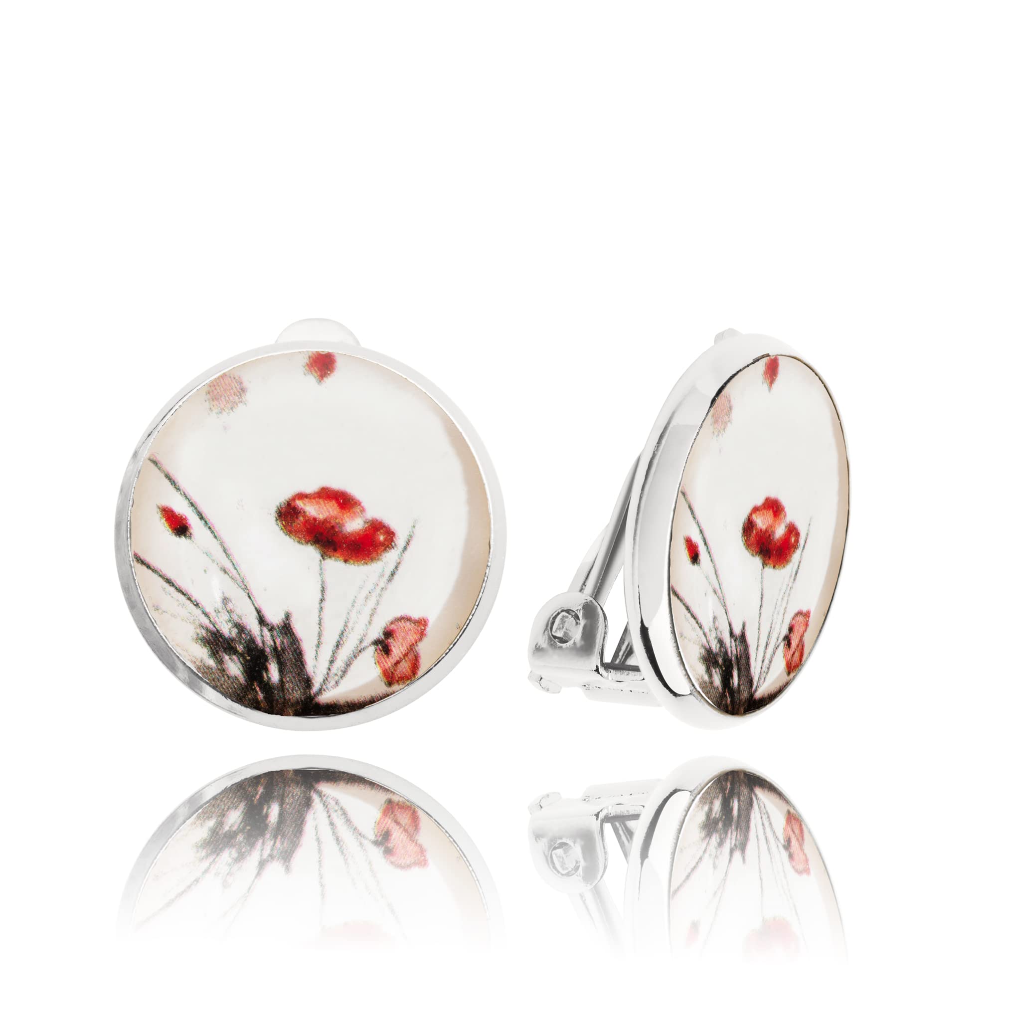 Round Small Clip on Earrings for Women, Elegant Non-Pierced Design (18 - White Red Silver Art)