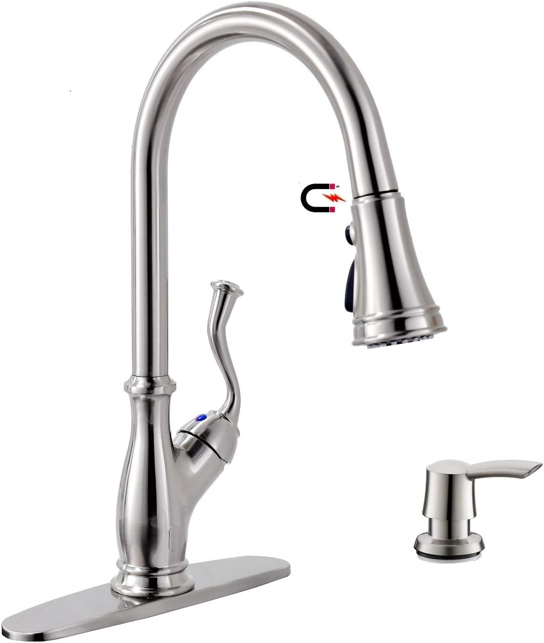 APPASO Pull Down Kitchen Faucet with Magnetic Docking Sprayer Brushed Nickel - Single Handle 1 Hole High Arc Pull Out Kitchen Sink Faucets with Soap Dispenser, 175BN - - 